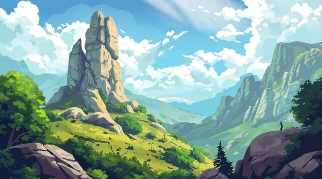 Majestic Rock Tower Rising from the Grassy Valley Under the Sun's Radiant Glow
Seamless looping 4k time-lapse virtual video animation background. Generated AI