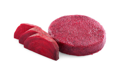 Uncooked beetroot cutlet and fresh ingredient isolated on white. Vegetarian product