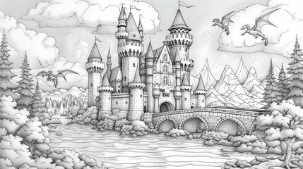 Fototapeta premium fantasy castle coloring page, a magical castle coloring page with towers, a drawbridge, and flying dragons, waiting to be colored with creativity and imagination