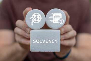 Business man holding white blocks with icons sees word: SOLVENCY. Solvency business finance...