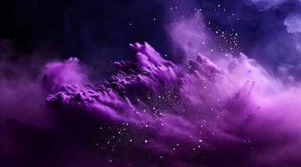 Purple explosion of powder on dark background. Clouds of colorful powder splatted on blue abstract backdrop