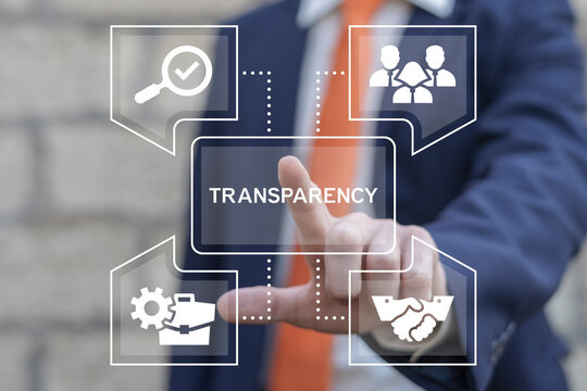 Business man working on virtual touch screen presses word: TRANSPARENCY. Business transparency and accountability concept.