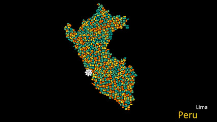 Obraz premium A map of Peru is presented as a mosaic with a dark background, and the country's borders are outlined in the shape of a colorful mosaic, centered around the capital city.