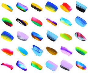 Set with paint samples of different colors isolated on white, top view