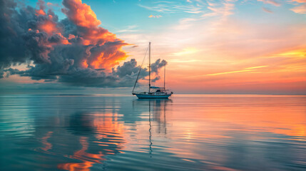 Sailing boat on the sea at sunset. Beautiful seascape.