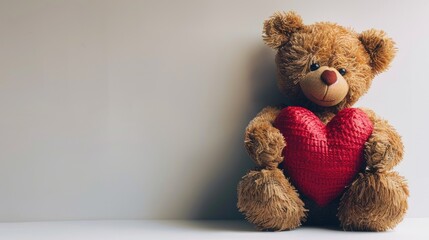 A charming brown teddy bear clutching a large red heart against a pristine white backdrop a perfect Valentine s Day present