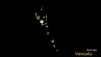 A map of Vanuatu is presented as a mosaic with a dark background, and the country's borders are outlined in the shape of a colorful mosaic, centered around the capital city.
