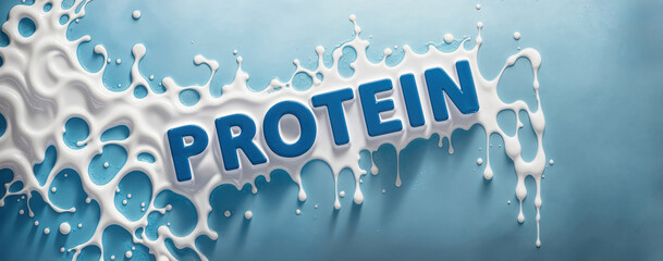 Fototapeta premium splattered milk splash, pouring white liquid flow with the text protein over blue clean isolated background as dairy product commercial banner design