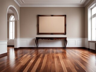  An expansive room with polished wood flooring housing a large empty picture frame for decoration design. 