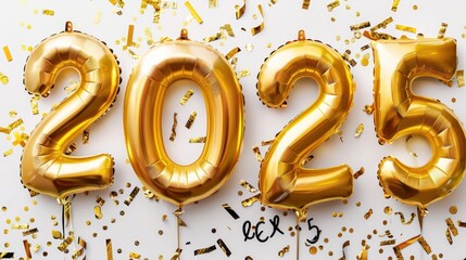 New Year 2025 gold foil balloons. Number 2025 from foil. Gold confetti and celebration.