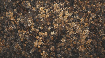 Field in autumn with deadwood, dried flower. Wilted nature before winter. Golden colors, shades of...