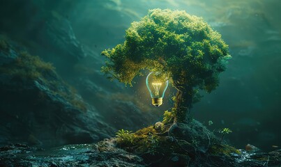 Light bulb over a head transforming into a tree with branches of various creative symbols, growth of ideas, side view