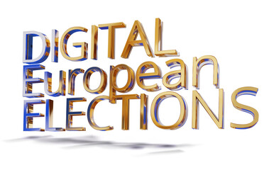 words Digital European Elections, golden-blue metallic glossy luxury digital symbol isolated 3d-illustration icon for EU money