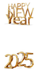 Naklejka premium year 2025 Happy New Year with small shadows, golden metallic glossy luxury symbol isolated 3d-illustration icon