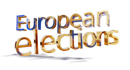 EU Elections as words European Elections, golden-blue metallic glossy luxury digital symbol isolated 3d-illustration icon