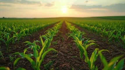 Rows of Vibrant Young Corn Shoots on Vast Agricultural Field