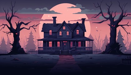 Haunted house flat design front view ghost town theme animation Complementary Color Scheme.