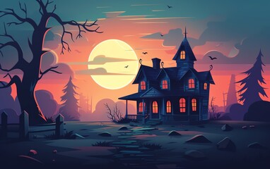 Haunted house flat design front view ghost town theme animation Complementary Color Scheme.