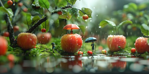 apple in the middle of the picture, ome people are holding umbrellas next to apples, Lush scenery, spring, rain