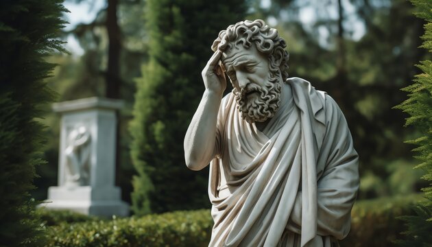Humorous scene of a marble statue in a classic toga, dramatically facepalming, set in a serene park with softfocus greenery in the background.