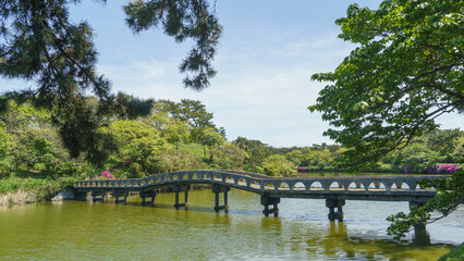 Fototapeta premium 日本の公園｜千葉県立富津公園・中の島｜池にかかる橋