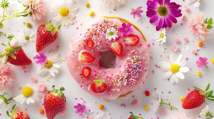 A strawberry donut topped with pink icing and sprinkles adorned with a rainbow of spring flowers and a nod to Earth Day evokes a whimsical journey through space among a medley of delightful