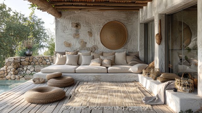wellness retreat design, tranquil outdoor setting at a spa retreat offers cozy cushions and blankets to create a serene haven for guests to relax and unwind in nature