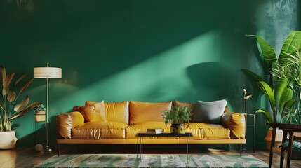 Front view of modern luxury living room. Emerald wall, hardwood floor, comfortable leather sofa, coffee table, floor lamps, plants in pots, home decor. Mockup