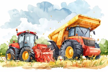 Obraz premium Automated agricultural machines, watercolor illustration, isolated background.