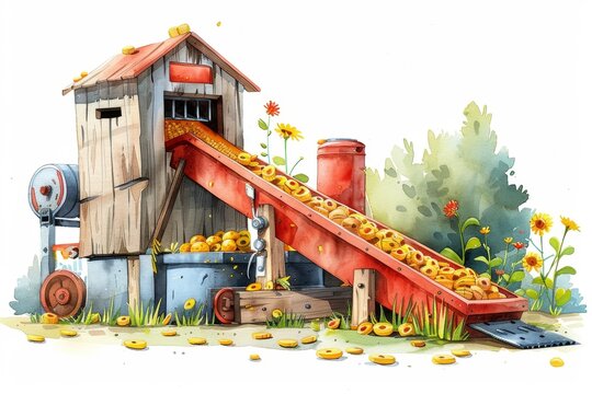 Automated sorting machinery in farming, watercolor style, isolated background.