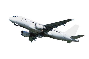 Flying airplane with blank livery isolated on white background.