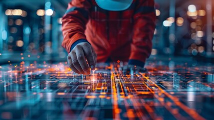 The engineer Using Digital Blueprint . Futuristic Engineering concept.