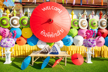 Colorful handmade umbrella decoration festival allows tourists to visit Bo Sang umbrellas and San...