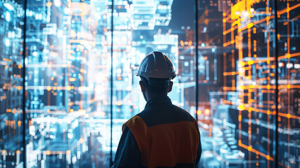 The engineer Using Digital Blueprint . Futuristic Engineering concept.