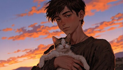 boy and cat with sunset
