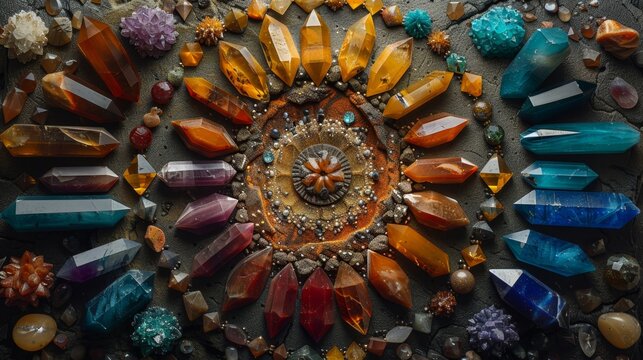 vibrantly colored gemstones in a mandala layout, creating an astrology gemstone theme with mystical energy