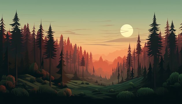 Pixel forest flat design side view Wilderness exploration theme animation Splitcomplementary color scheme.