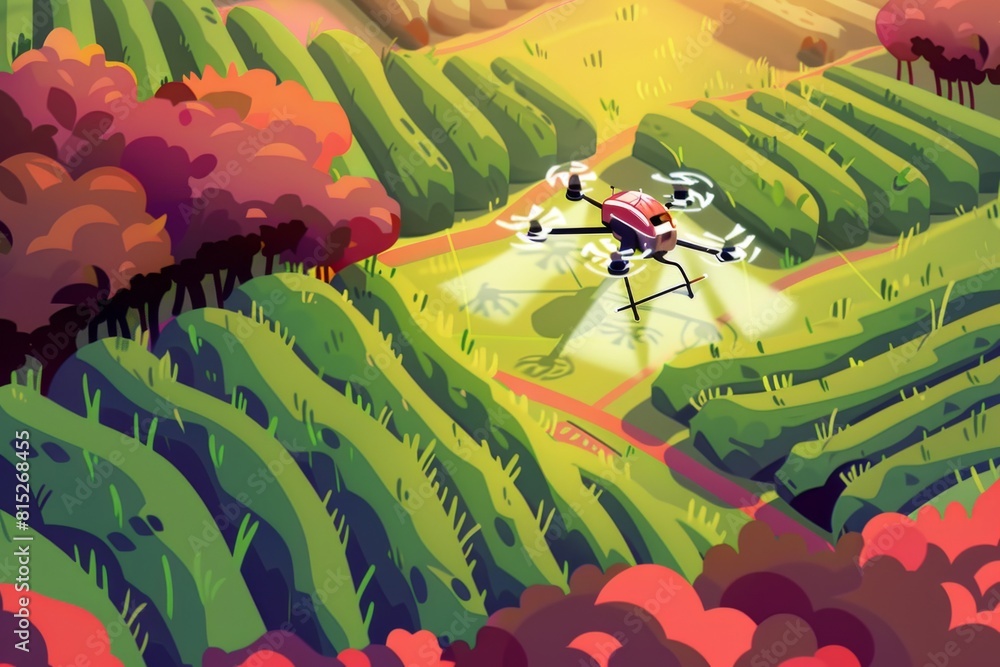 Poster advanced isometric farming techniques manage blooming fields and flower cultivation remotely, integr