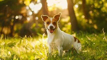 Full length portrait of happy dog in green park in Summer, copy space