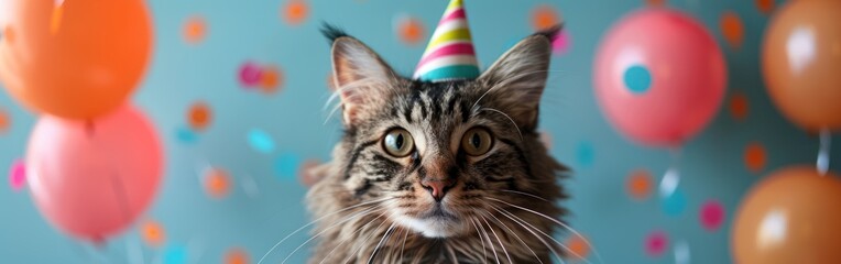 Festive Feline: Cat with Party Hat and Balloons for Happy Birthday, Carnival, New Year's Eve,...