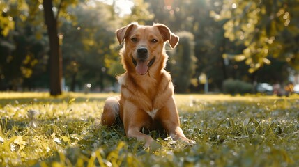 Full length portrait of happy dog in green park in Summer, copy space