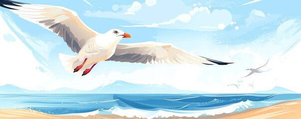 Seagull soaring flat design front view coastal breeze theme water color vivid.
