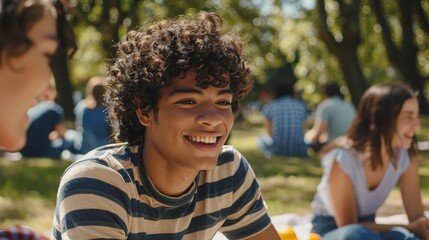 A young man with curly hair clad in a striped shirt enjoys a summer picnic at the park surrounded by friends and engaged in lively conversation on a sunny day