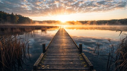 Fototapeta premium Wooden pier on a lake at sunrise in autumn, Poland.