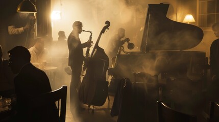 Vintage Jazz Musicians Performing in Smoky Speakeasy.