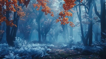Beautiful mystical forest in blue fog n autumn realistic