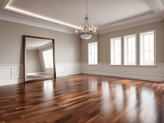  An expansive room with polished wood flooring housing a large empty picture frame for decoration design. 