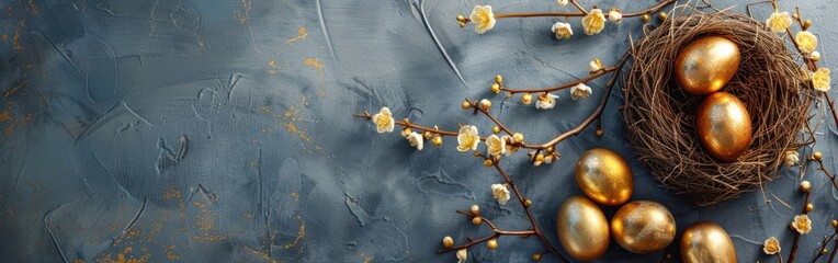 Easter Nests with Gold Painted Eggs and Catkins on Concrete Table - Happy Holiday Celebration...