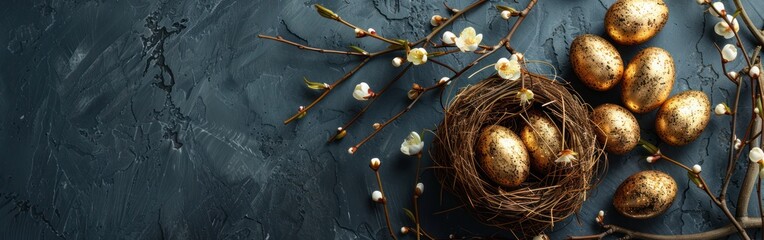 Easter Nests with Gold Painted Eggs and Catkins on Concrete Table - Happy Holiday Celebration...