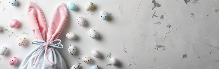 Easter Bunny Ears and Eggs on White Table - Happy Easter Greeting Card and Fabric Gift Bag Concept